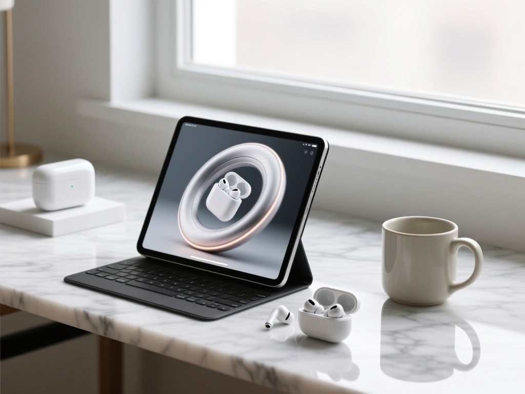 Minimalist desk with a tablet showing a rotating 3D product visual. Beside it, sample products like wireless earbuds and ceramic mugs sit on a marble surface. Diffused window light creates clean reflections.