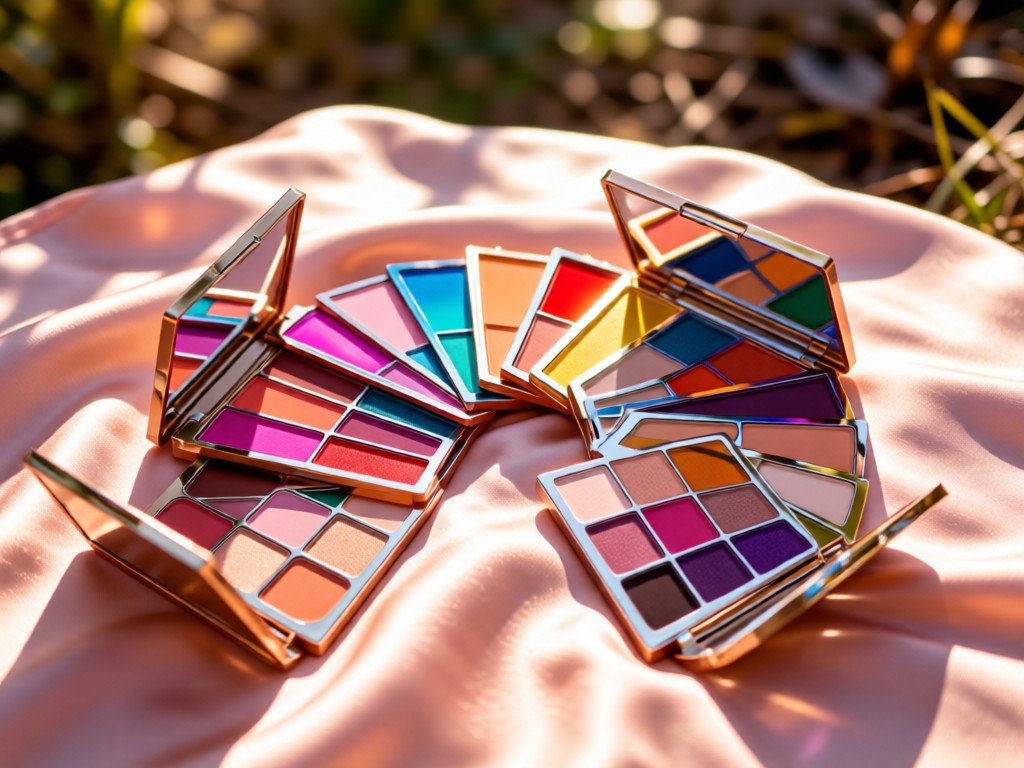 Overhead shot of open cosmetic palettes with vibrant colors fanned out on a blush silk cloth. Sunlight catches metallic packaging reflections. Soft focus background shows natural textures. No people.