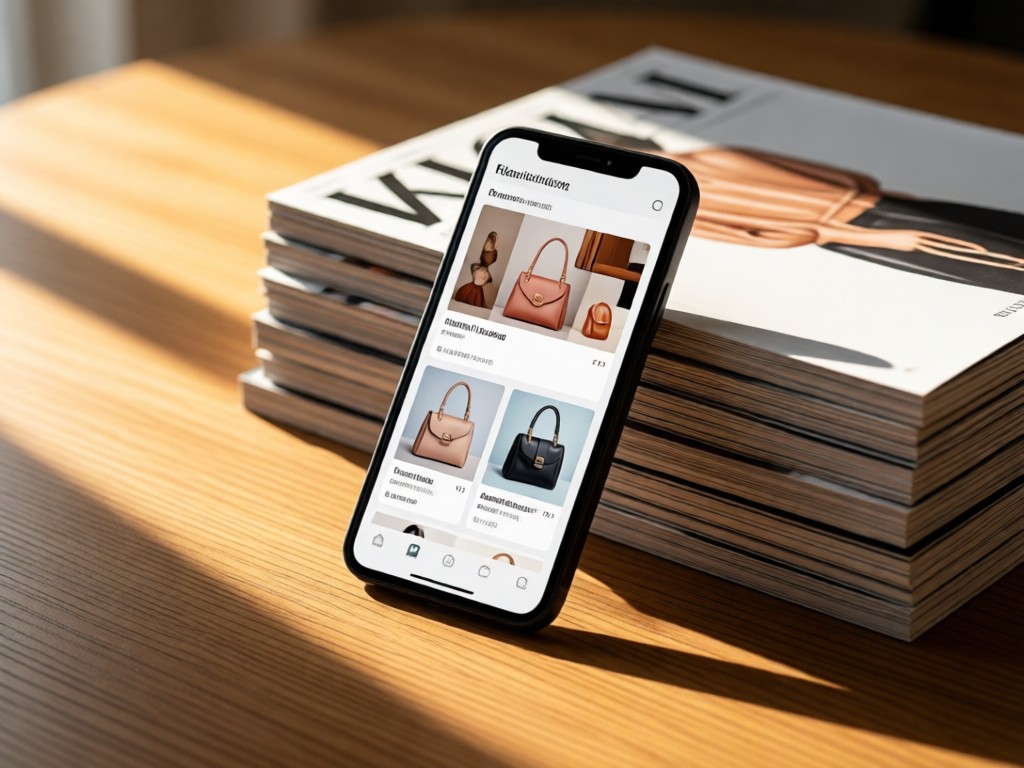 A smartphone displaying a sleek purse gallery interface, propped against a stack of fashion magazines. Soft morning light creates long shadows on a wooden table. The focus is on device responsiveness and clean presentation. No people.