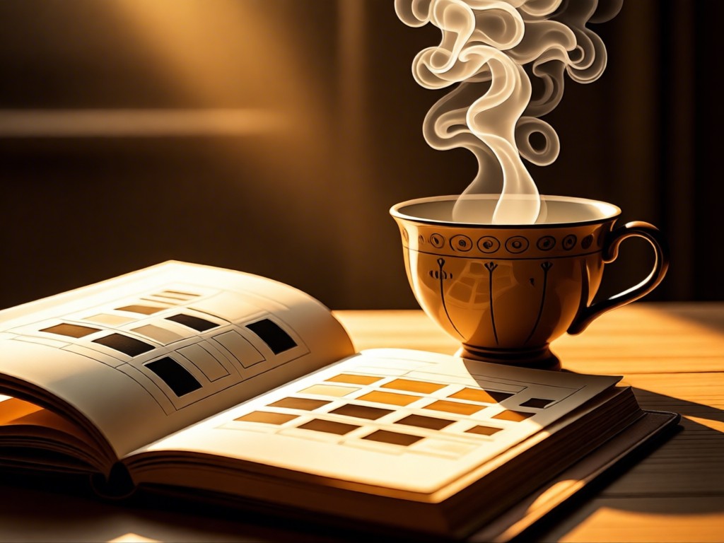 An open paper planner beside a steaming ceramic teacup. Sunlight illuminates the steam rising over dated squares. Warm, focused atmosphere. No people.