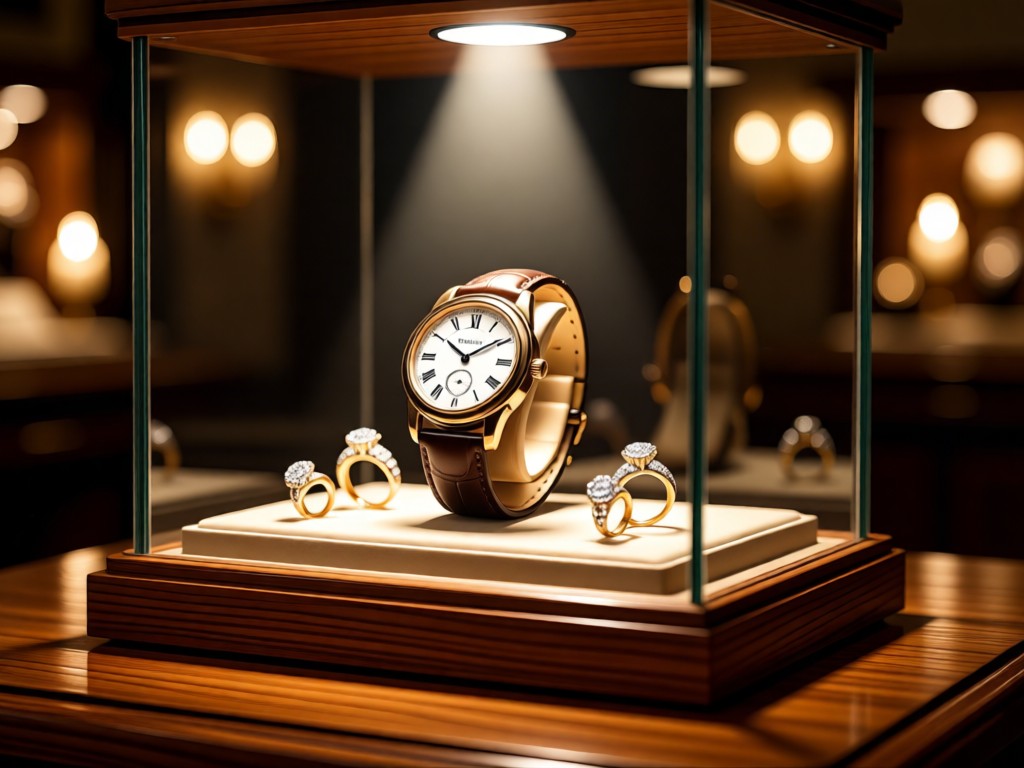 An elegant display case with vintage watches and diamond rings under soft spotlight. Warm wood textures and blurred bokeh lights in background. No people.