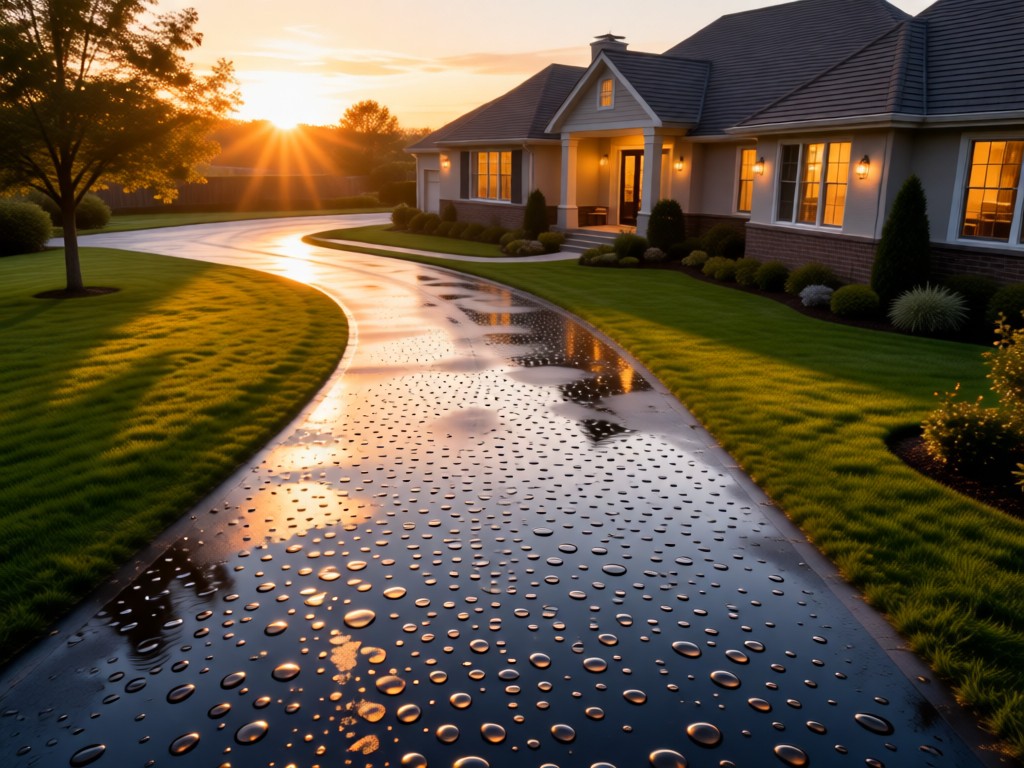 Aerial view of a perfectly clean driveway leading to a freshly washed home. The path glistens with water droplets in sunset light, symbolizing clear paths to new clients. No people.