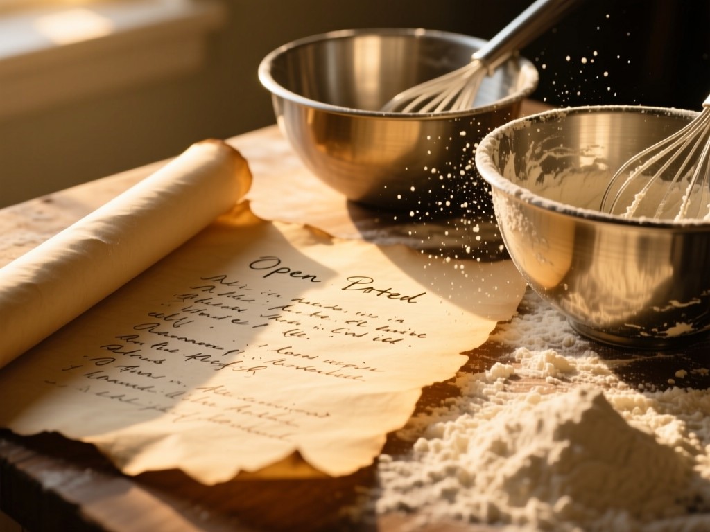 Open parchment paper with handwritten recipe notes beside mixing bowls during golden hour, natural light illuminating flour particles, warm tones, no text visible.