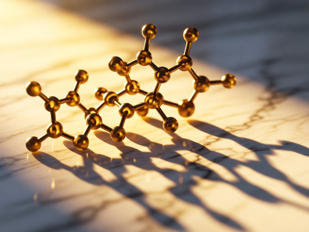 Macro shot of chemical bonds model casting long shadows on marble surface. Golden hour light emphasizes 3D molecular complexity. Shallow depth of field. No people.