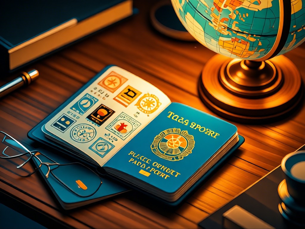 Aerial view of a vintage Filipino passport open on a desk beside a glowing globe. Golden light illuminates the stamps and ocean-blue cover. No people.