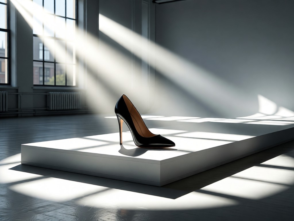 A single designer Off Broadway heel centered on a runway-style white platform in an airy studio. Strong directional light creates dramatic shadows. No people.