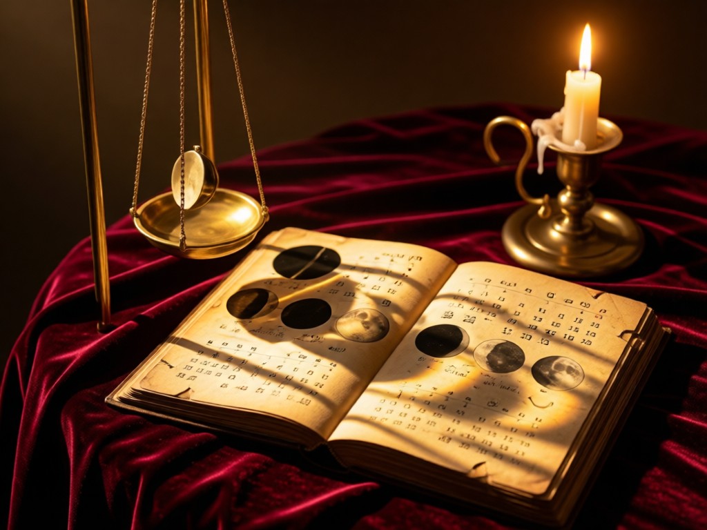 Moon phase calendar beside a brass pendulum on velvet cloth. Candlelight casts dancing shadows on weathered pages. Ethereal golden hour glow. No people.