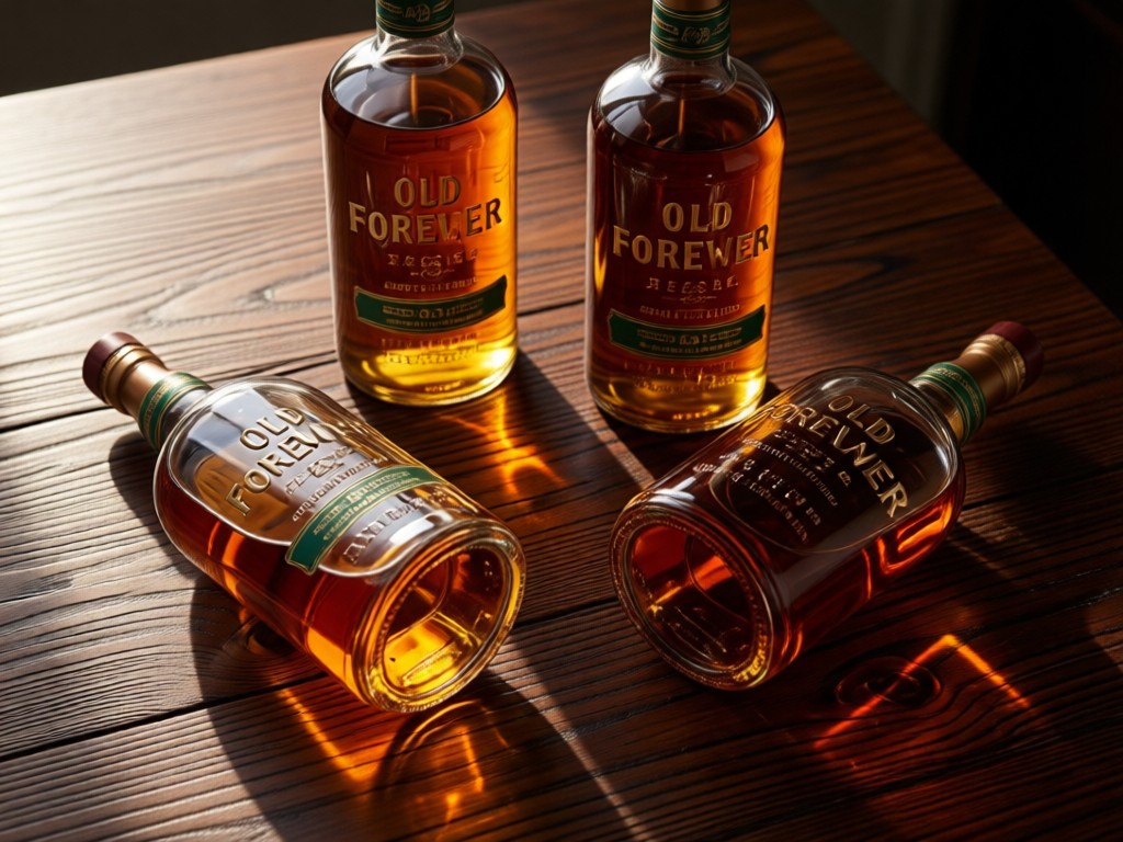 Four Old Forester bottles arranged at different angles on a dark oak table. Soft side lighting creates elegant reflections on the glass. Focus on texture contrast between glass and wood.