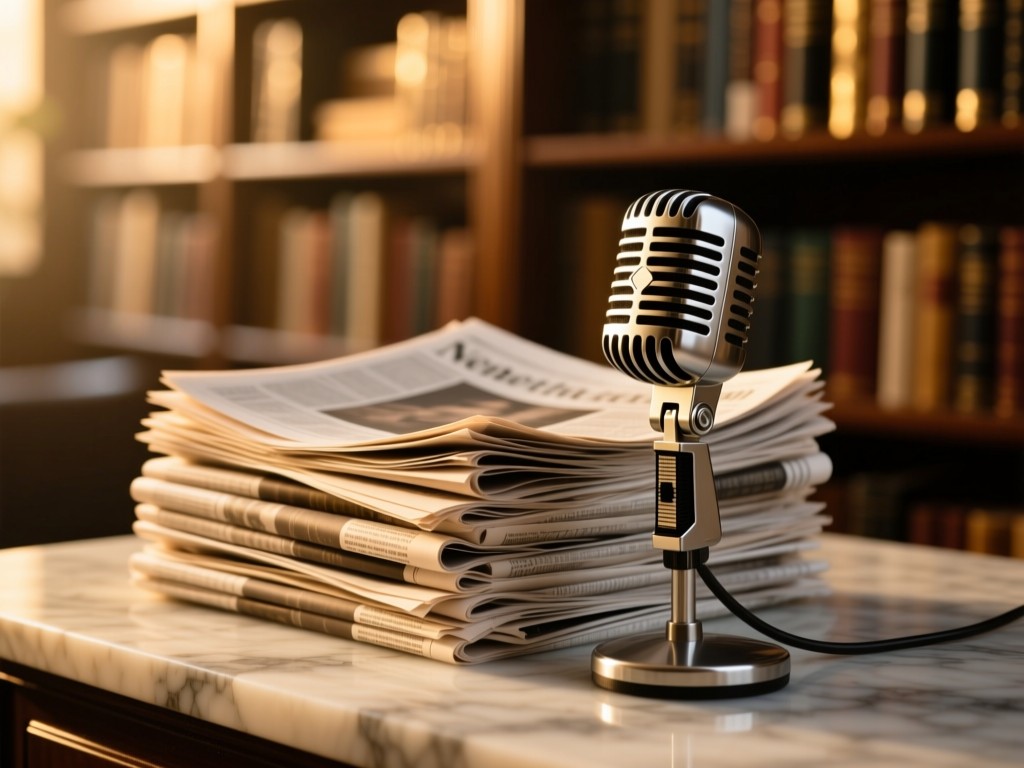 Neat stack of newspaper clippings with a vintage microphone on a marble surface during golden hour, soft directional light highlighting texture, blurred background of bookshelves, no text visible.