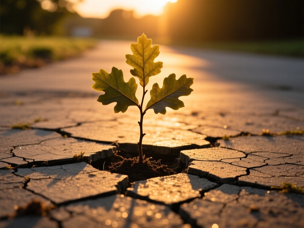 Single oak sapling growing through cracked pavement in golden light, symbolizing grassroots recycling growth, warm sunset tones, deep shadows, minimalist natural framing.