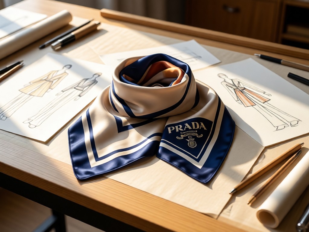 A neatly folded Prada silk scarf arranged beside fashion sketches on a drafting table. Soft morning light highlights fabric textures. No people.