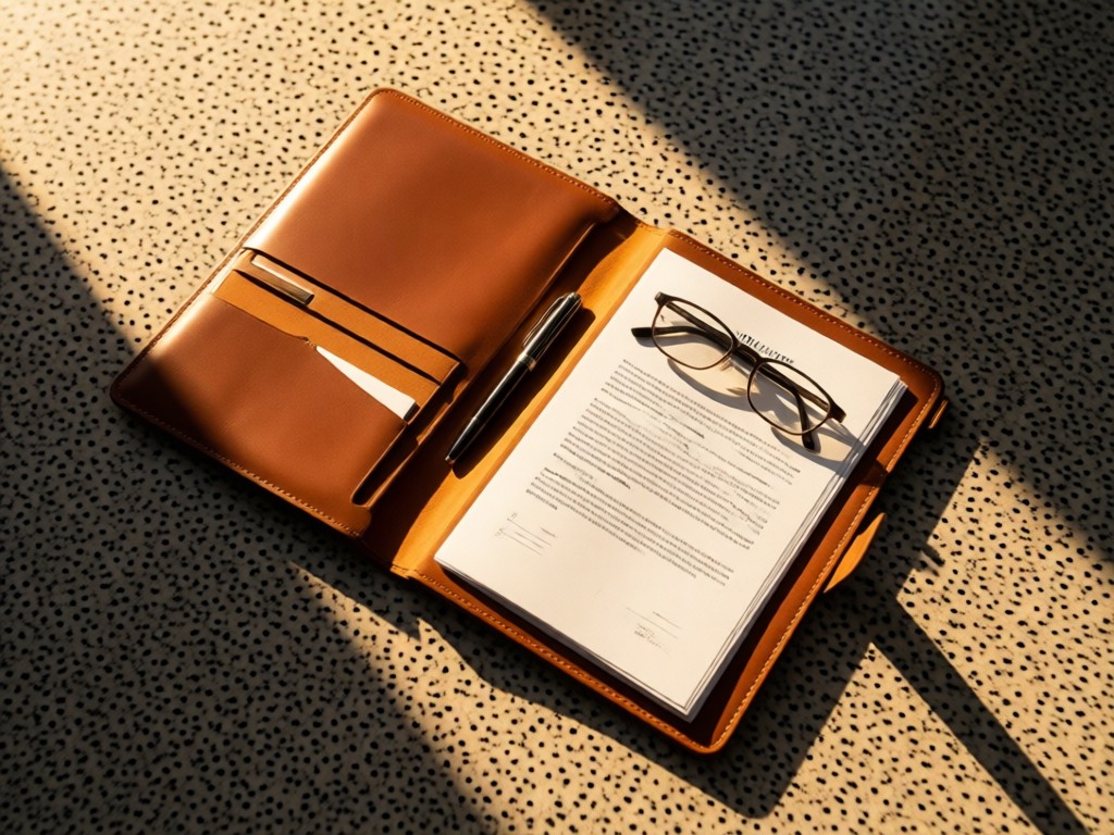 Aerial view of a minimalist leather portfolio open on a granite surface. Inside: a fountain pen, legal papers, and eyeglasses arranged precisely. Golden hour lighting creates dramatic shadows. Symbolizes organization and professionalism. No people.