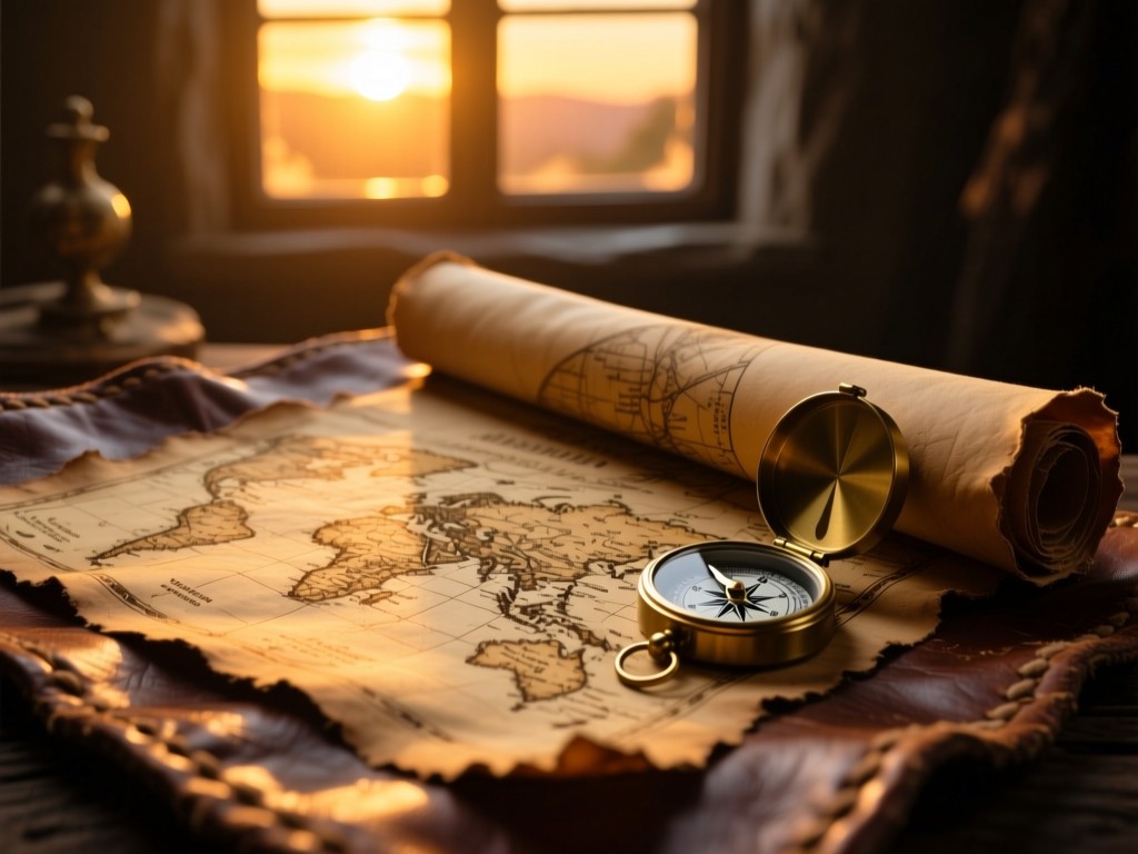 A worn treasure map unrolled on distressed leather during sunset, compass beside it, golden light through window, shallow focus, warm tones, no text.