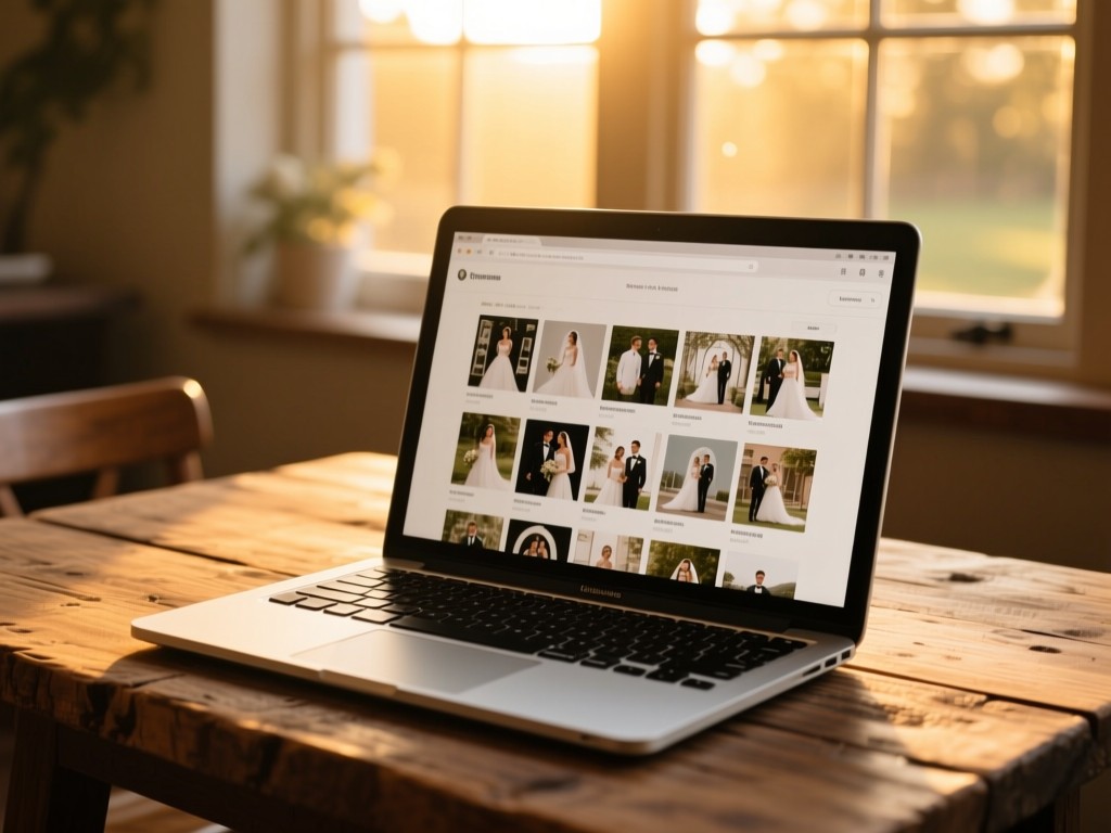 Open MacBook on rustic wood table at golden hour, screen displaying organized wedding galleries, soft sunlight filtering through window, shallow depth of field, warm tones, no people.