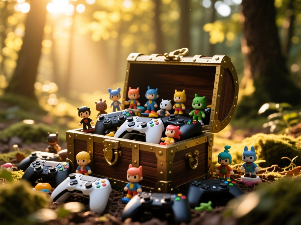 A treasure chest overflowing with gaming controllers and collectible figures in a sun-dappled forest clearing, golden hour lighting, shallow depth of field, warm natural tones, no people.