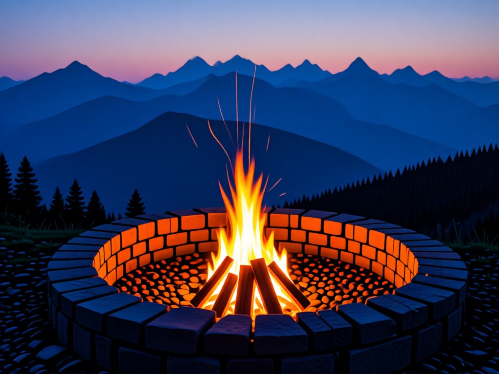 A campfire burning low in stone ring at dusk. Embers glow against darkening blue mountains. Warm firelight contrasting with cool twilight. No people.