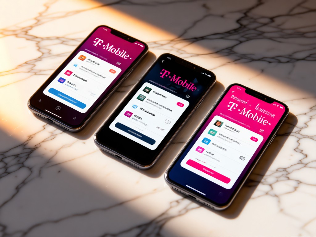 Three smartphones arranged diagonally on a marble surface, each showing different T-Mobile plan cards. Soft shadows and warm highlights. No people.