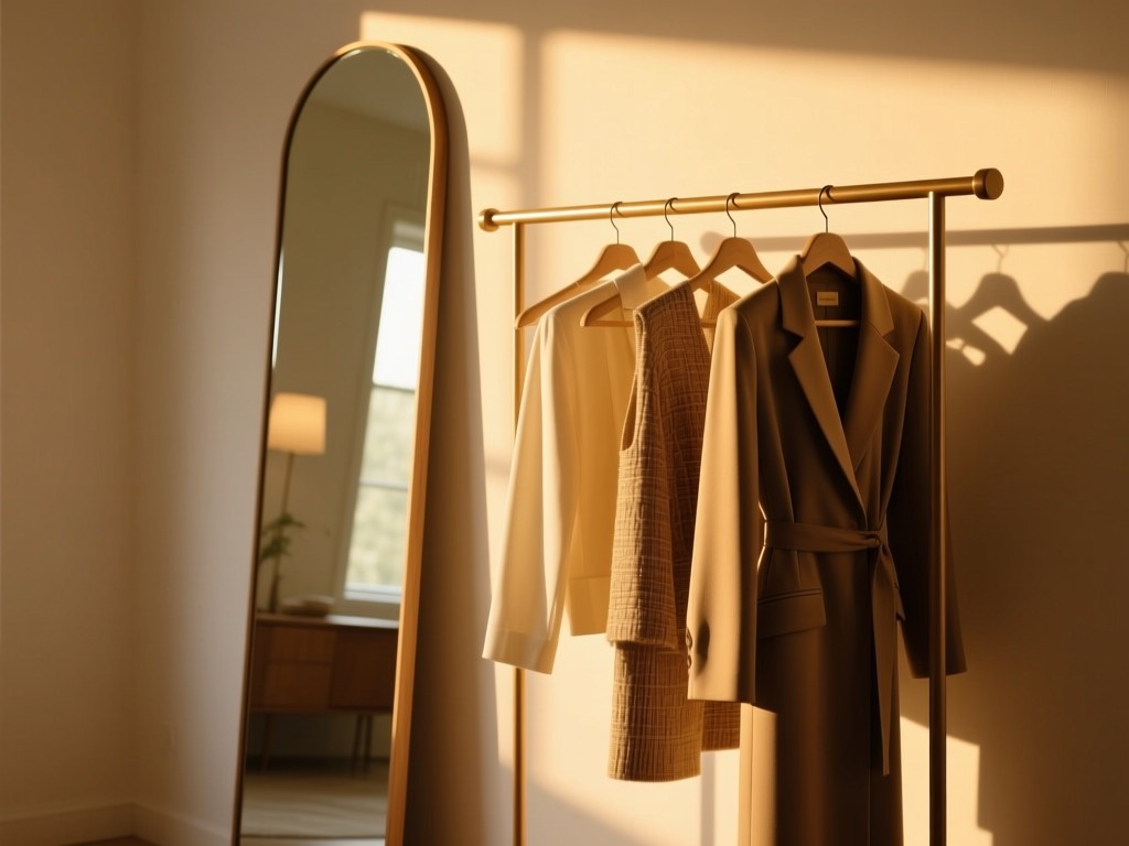 An elegant clothing rack with designer pieces in golden hour light, backdropped by a softly lit full-length mirror, natural textures, warm color palette, minimalist composition.