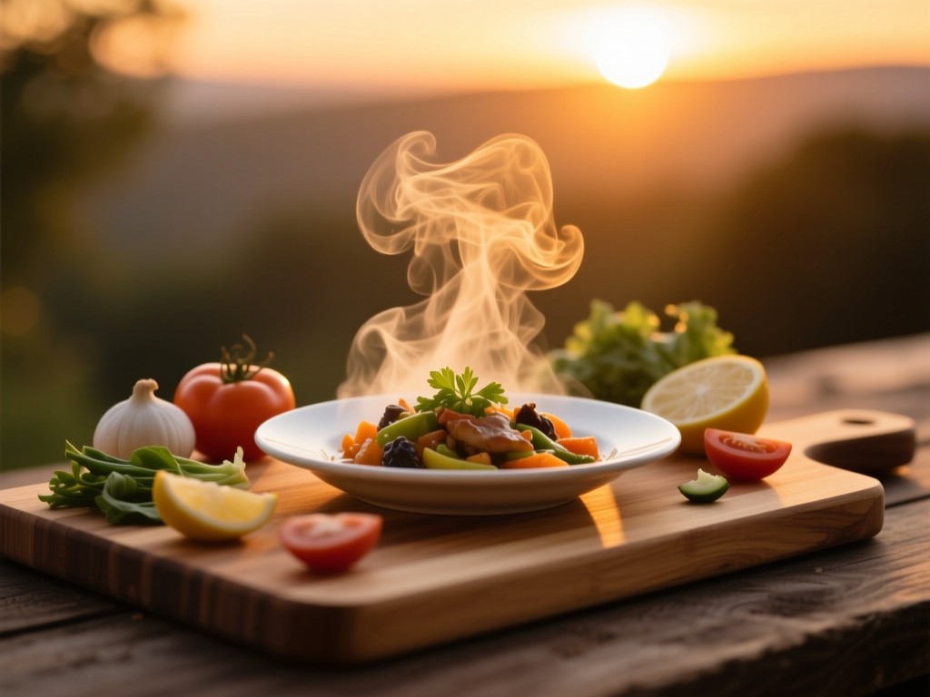 Artfully arranged ingredients on a wooden cutting board during sunset, steam rising from a dish in soft focus, golden light creating discovery symbolism, warm color palette, no text.