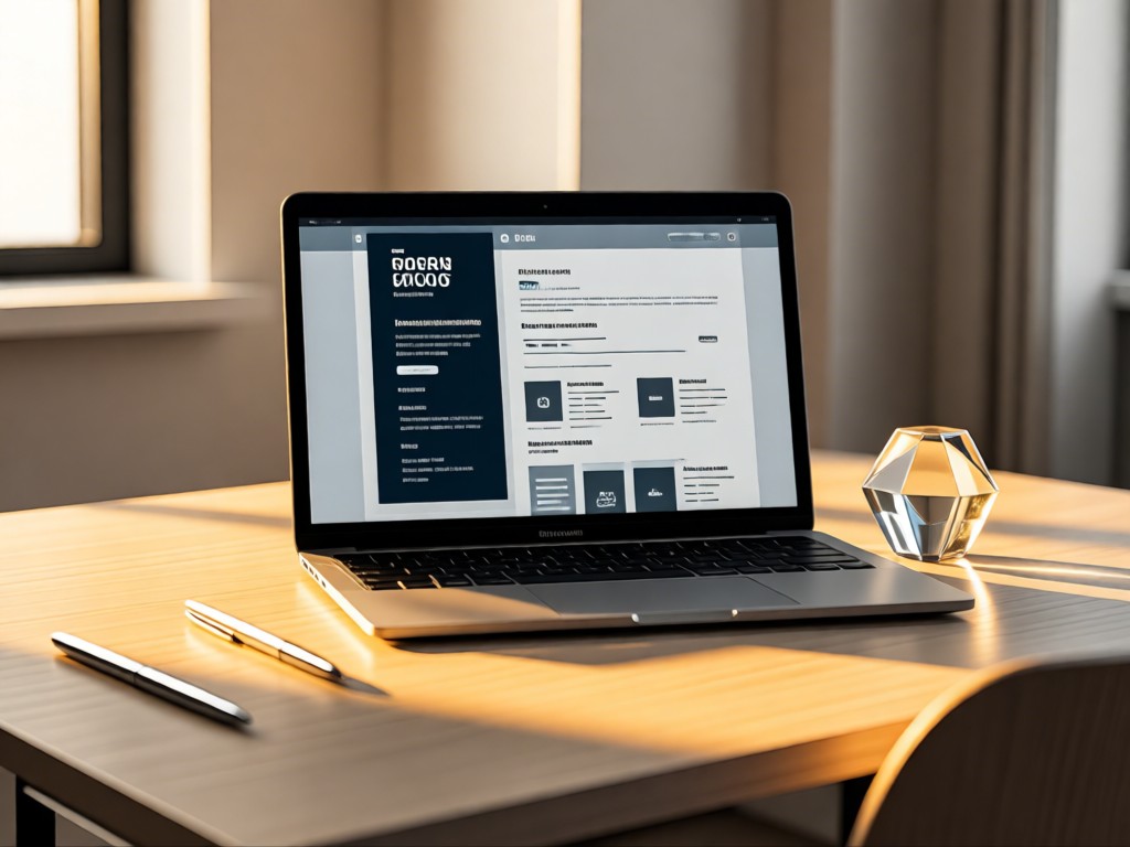 Minimalist desk with open laptop showing sophisticated portfolio template. Platinum pen and crystal paperweight catch golden light. Clean office backdrop. No people.