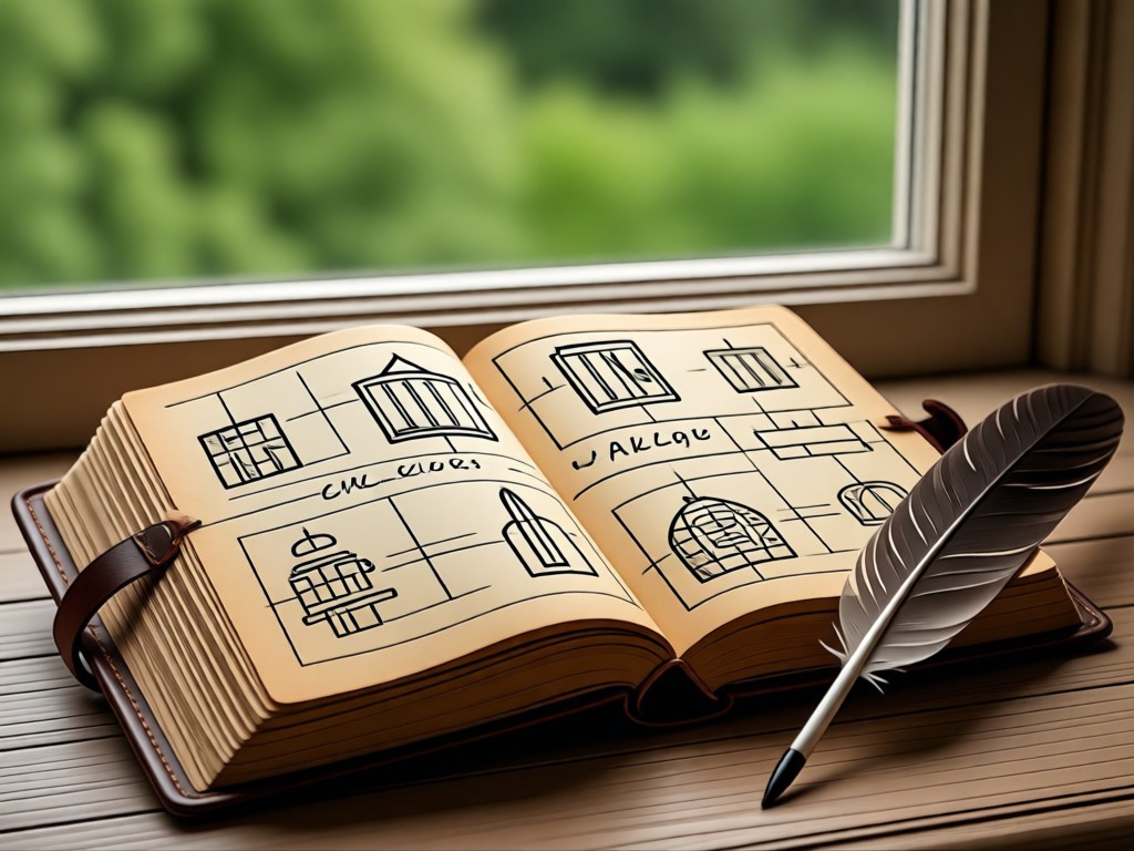 An open leather-bound journal showing hand-drawn pedigree charts. Feather quill pen beside it. Soft window light on aged paper. Blurred greenery outside. No people.