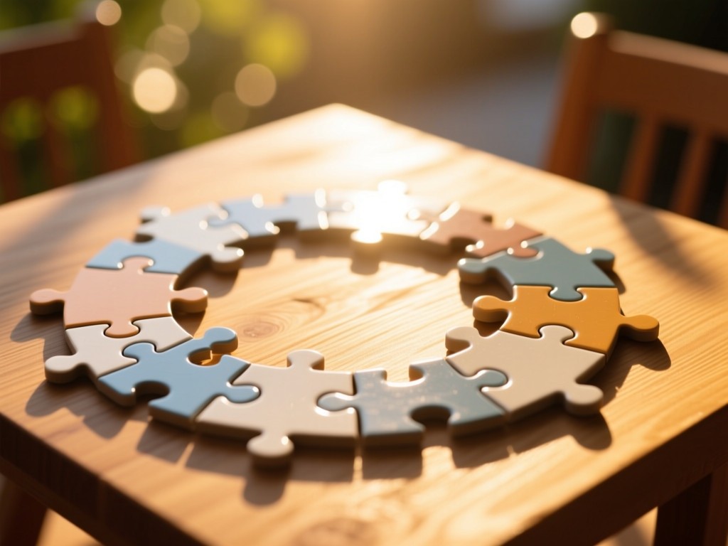 Interlocking puzzle pieces on a sunlit table forming a complete circle. Warm tones with soft bokeh background. No people.