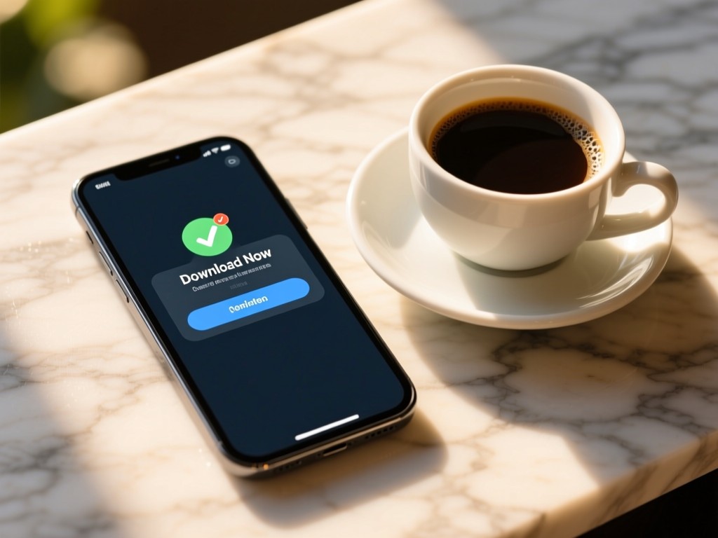 A smartphone showing 'Download Now' notification beside a coffee cup on a marble surface. Warm sunlight highlights the screen's confirmation message. No people.