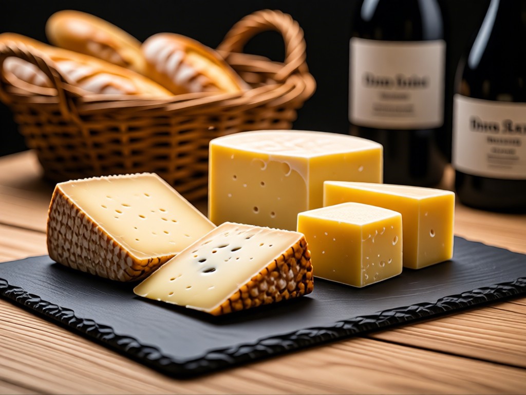 Close-up of artisanal Portuguese cheeses and wines arranged on a slate board. Soft side lighting highlights textures. Rustic bread basket in blurred background. Natural wood tones. No people.