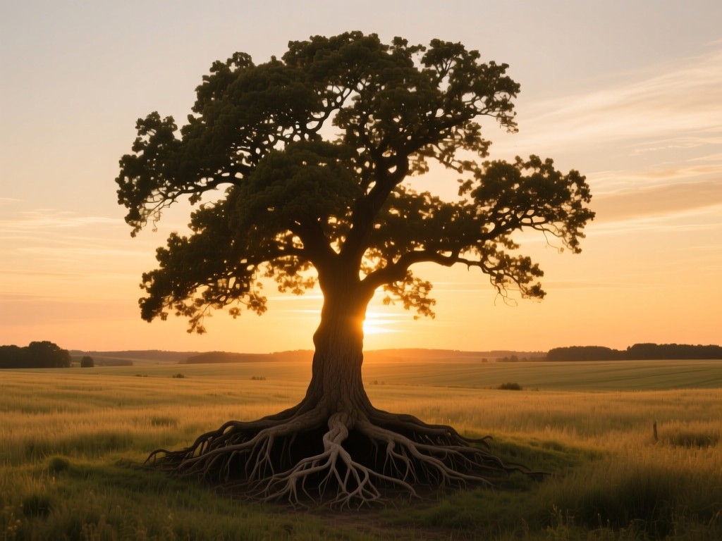 A single sturdy oak tree in an open field at sunset, deep roots visible, symbolizing strength and growth in men's health, golden hour glow, expansive sky, natural palette, no people.
