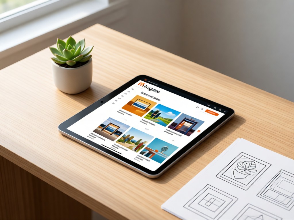 Minimalist desk with tablet showing Magento project gallery. A small succulent and wireframe sketches nearby. Soft natural lighting. No people.