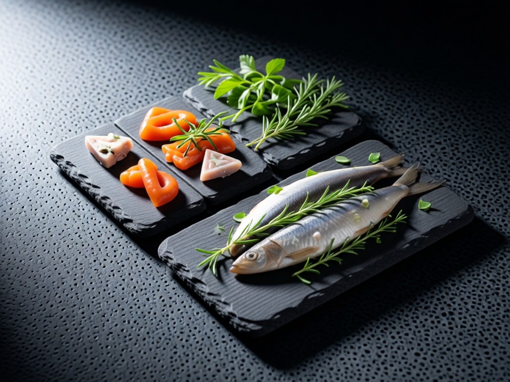 Minimalist composition of Icelandic lava stone plates holding geometric arrangements of pickled herring and fresh herbs. Soft side lighting highlights textures against a dark granite surface. No people.