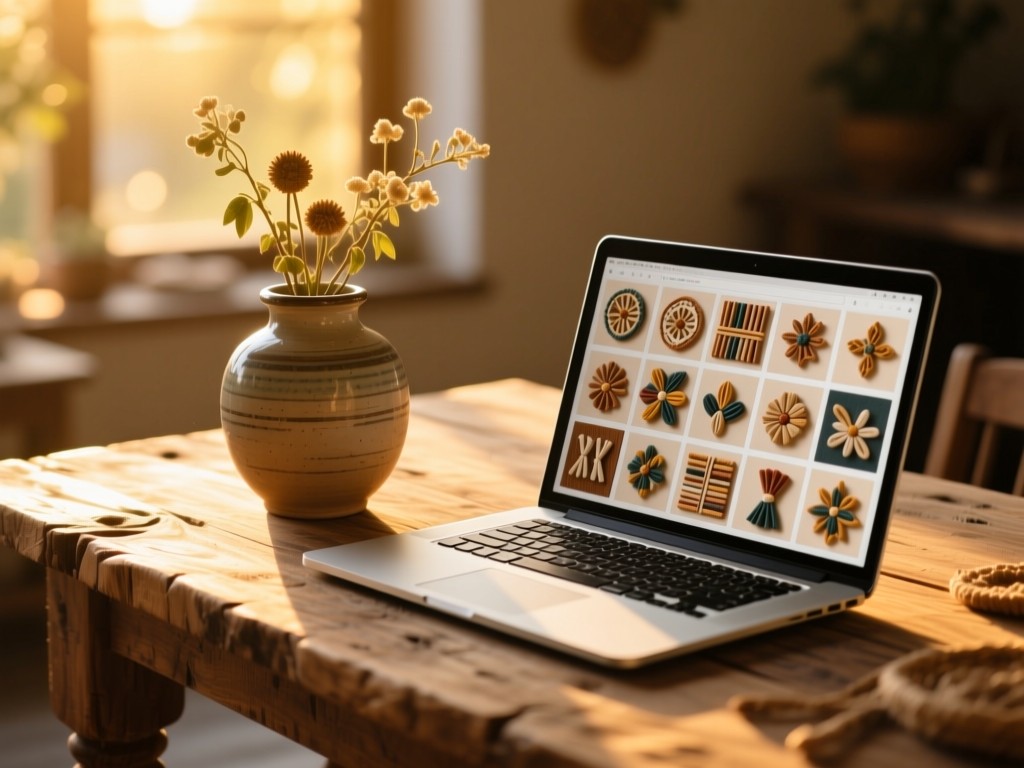 A rustic wooden table at golden hour displaying a ceramic vase beside an open laptop showing a grid of handmade crafts. Soft sunlight, shallow depth of field, warm tones, no people.