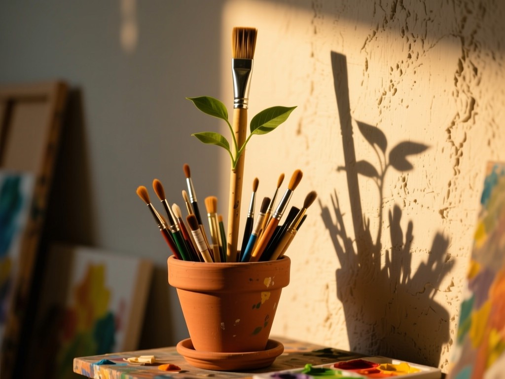 A single paintbrush standing upright in a terracotta pot filled with art supplies, golden hour light creating long shadows on a textured studio wall, symbolizing growth and creative potential.