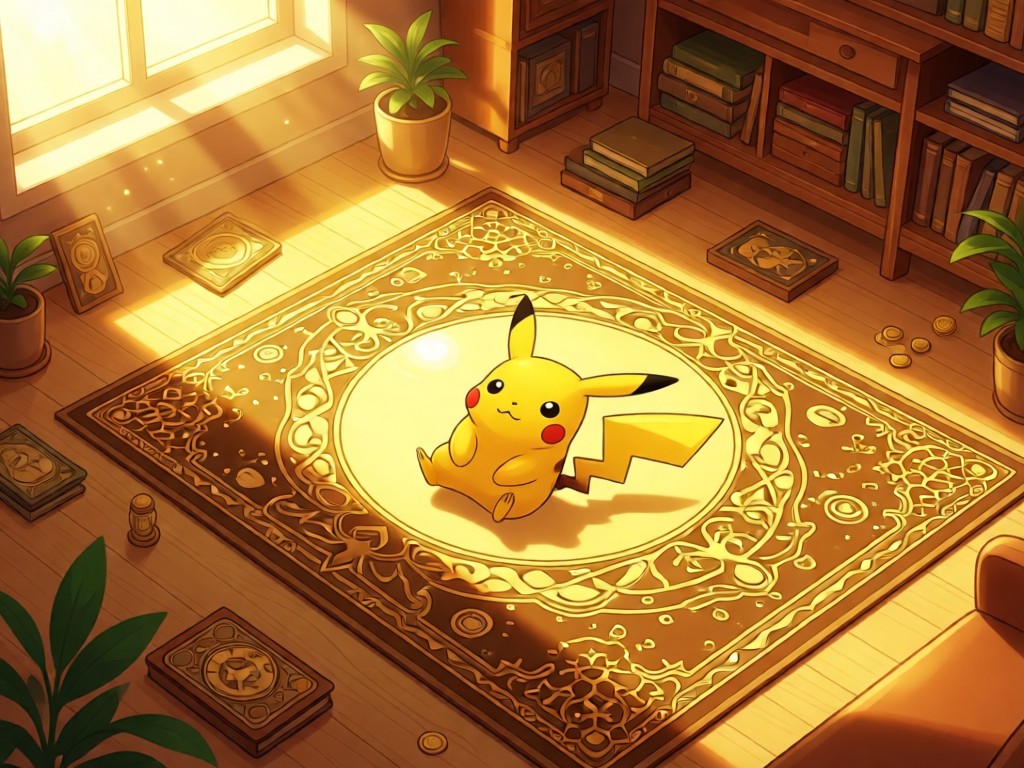 Aerial view of a single pristine Pikachu Illustrator card centered on a collector's mat in a sunlit room. The scene represents rarity and focus. Warm golden tones. No people.
