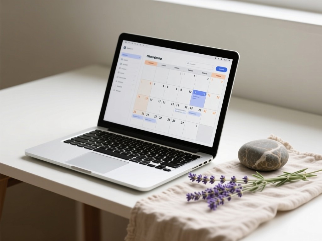 A minimalist desk with an open laptop showing a clean class calendar interface. Beside it, a smooth river stone and fresh lavender sprig rest on a linen cloth. Soft natural lighting. No people.