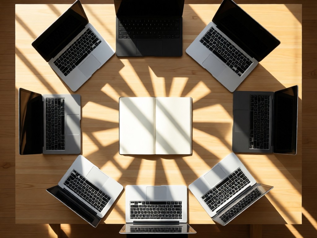 Aerial view of a single open notebook centered on a desk, surrounded by neatly arranged devices all facing inward. Sunlight creates radial shadows symbolizing unity. Clean negative space. No people.