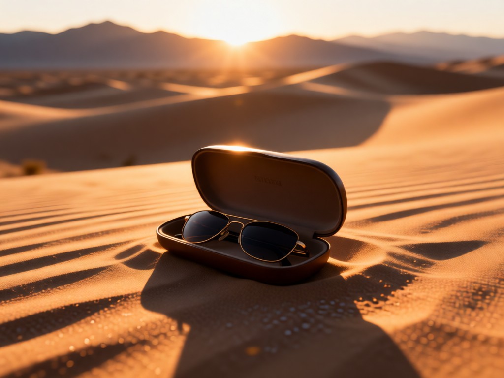 Overhead shot of sunglasses case open on sand dunes at sunset. Warm light creates long shadows. Distant mountains blurred. Minimalist desert aesthetic. No people.