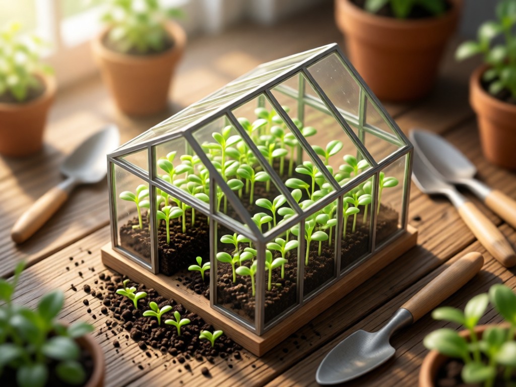 Aerial view of a miniature greenhouse with thriving seedlings. Symbolizes nurturing growth and community roots. Soft morning light through glass panels. Surrounded by blurred gardening tools. No people.