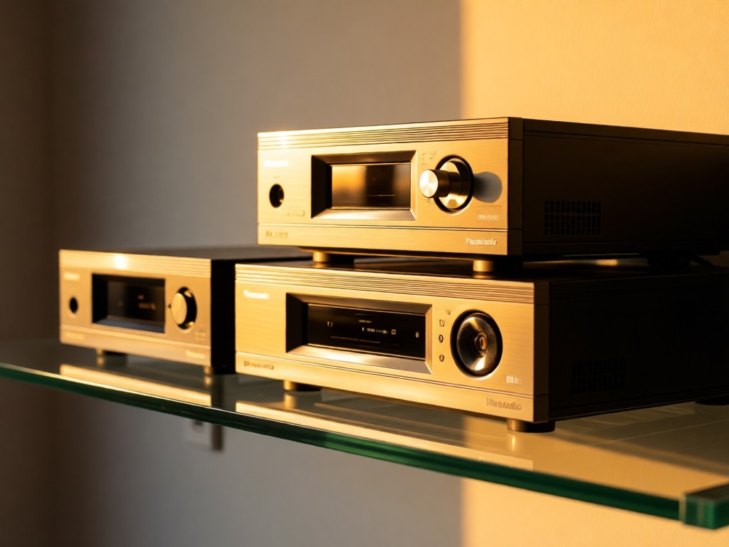 An artistic arrangement of Panasonic AV equipment on a minimalist glass shelf. Golden hour light reflects off metallic surfaces. Focus on clean lines and technical precision. No people.