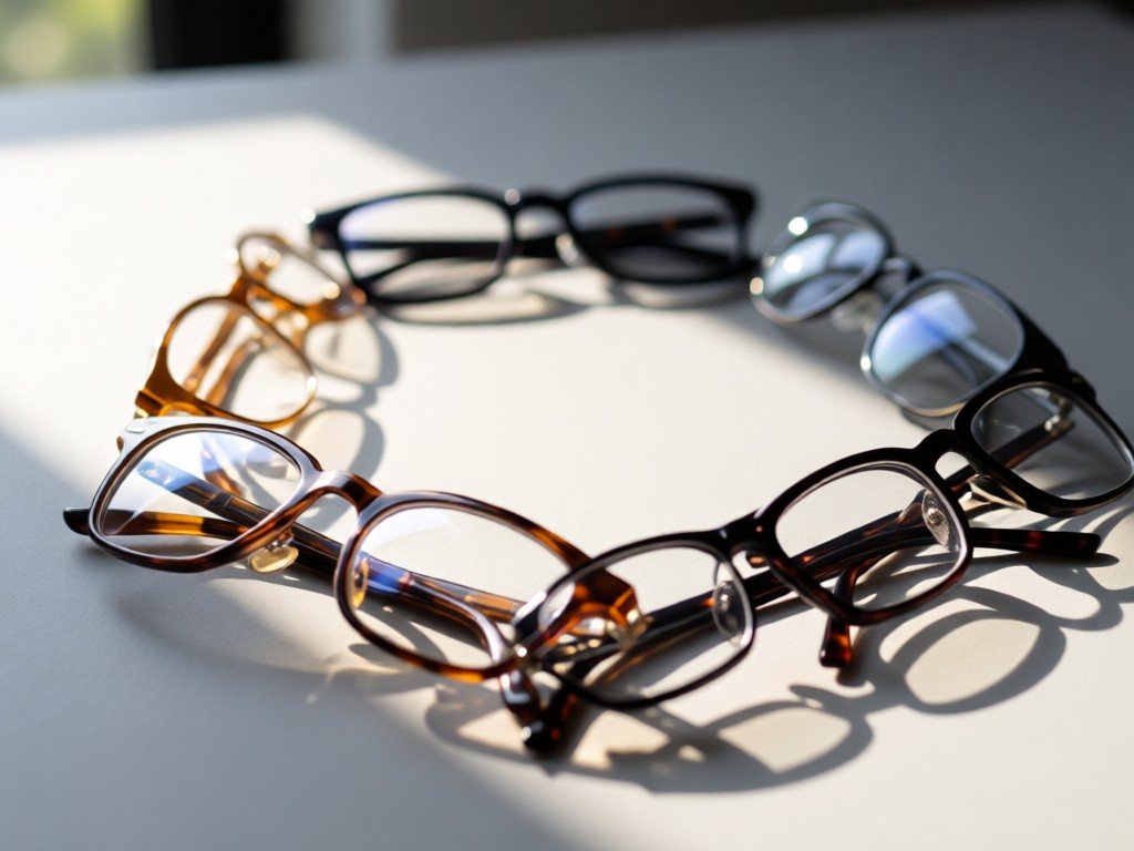 Minimalist lightbox setup with five stylish glasses arranged in a crescent shape. Morning light highlights lens coatings and frame textures. Shallow depth of field with soft grey backdrop. No people.