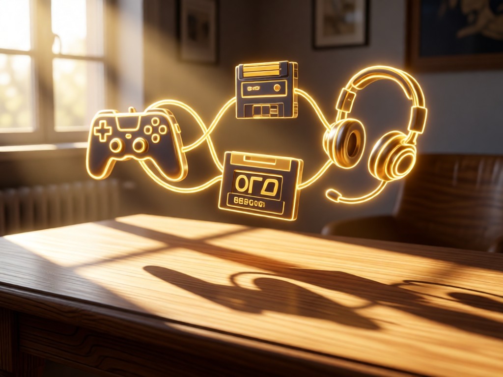 A stylized arrangement of gaming icons floating above a wooden desk. Controller, cartridge, and headphone symbols connected by glowing golden lines. Morning sun creates long shadows across the scene.