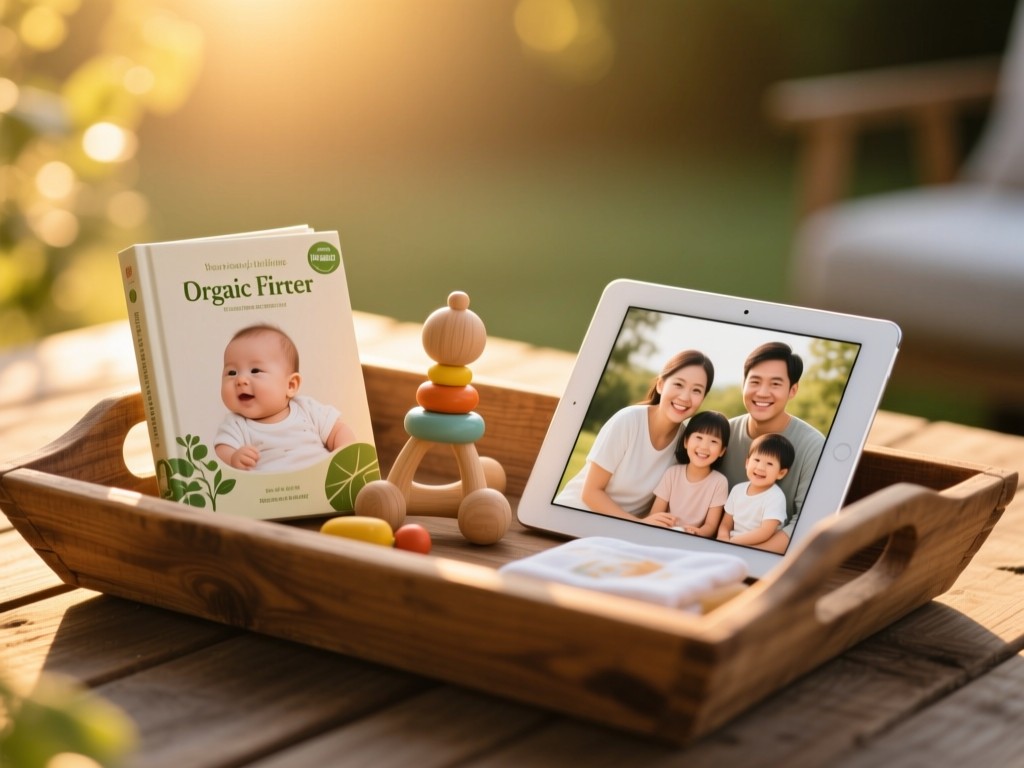 A rustic wooden tray during golden hour holding neatly arranged parenting items: a baby book, organic toy, and tablet showing family photos. Soft sunlight, shallow depth of field, warm tones, no people.