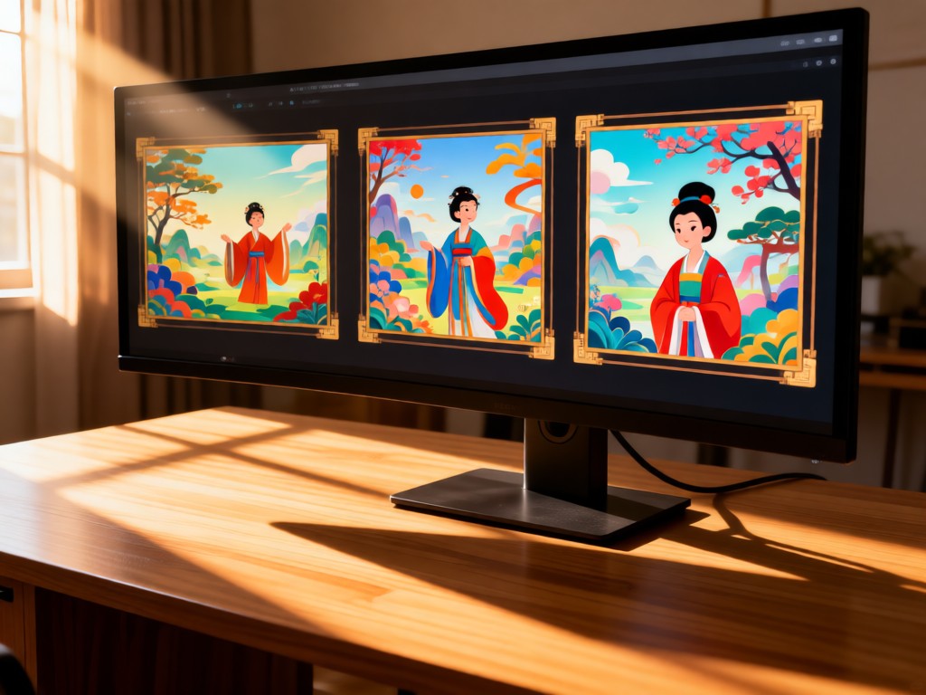 Three colorful animation frames propped against a studio monitor. Soft afternoon light creates long shadows on a wooden desk. Focus on the connection between traditional art and digital display. No people.