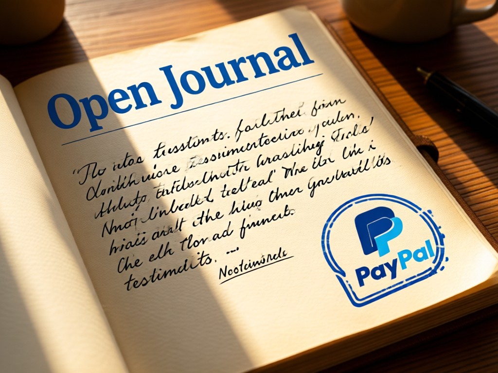 Open journal with handwritten testimonials next to a PayPal logo stamp. Sunlight highlights paper texture. Warm natural tones. No people.