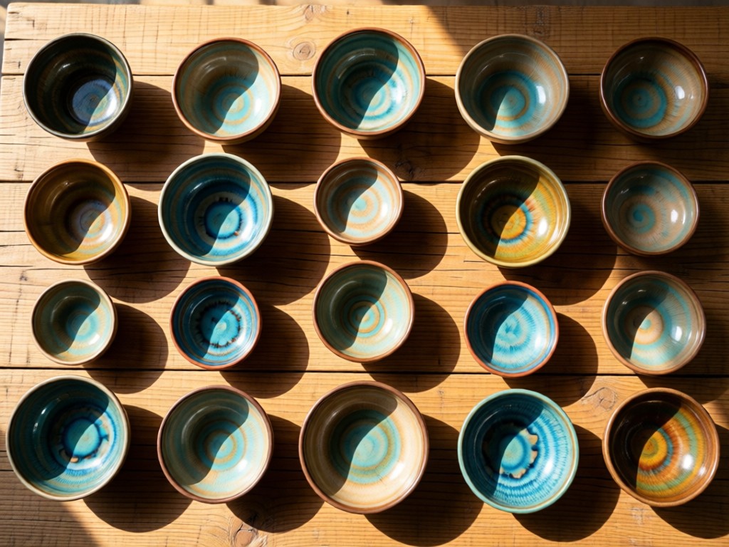 Aerial view of a perfectly arranged collection of handmade ceramic bowls on a raw wooden table. Morning light creates soft shadows between pieces. Each bowl shows unique glaze variations. Earthy color palette with natural textures. No people.