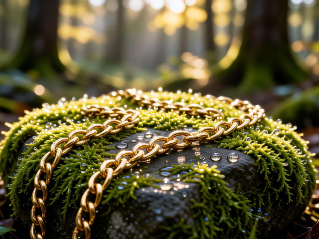 Elegant gold chain links scattered on a moss-covered stone. Morning dew glistens in soft sunlight. Natural woodland background blurred. No people.