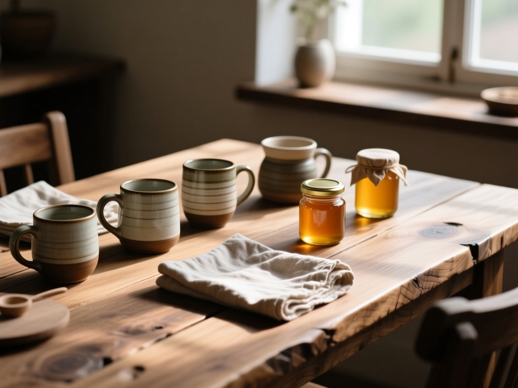 Artisanal products arranged on a rustic oak table: ceramic mugs, linen napkins, and honey jars. Soft window light creates texture shadows. No people.