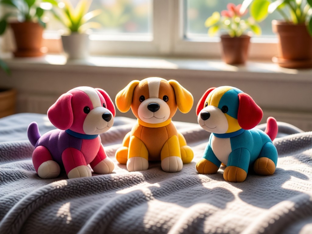 Three colorful puppy toys arranged artfully on a soft grey blanket. Morning light highlights textures. Blurred background shows sunlit windowsill with plants. Cheerful and professional mood. No people.