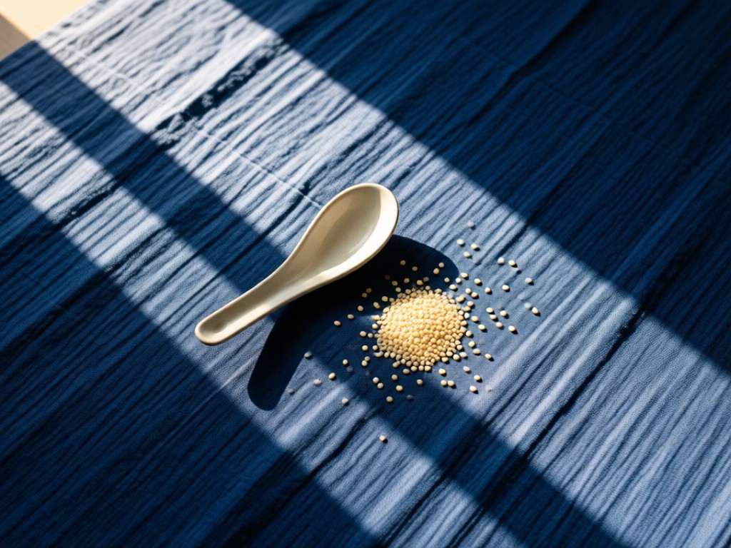 Aerial view of a single ceramic soup spoon resting on indigo-dyed fabric beside scattered sesame seeds. Morning light creates long shadows across textured linen. Minimalist composition with ample negative space symbolizing clarity.