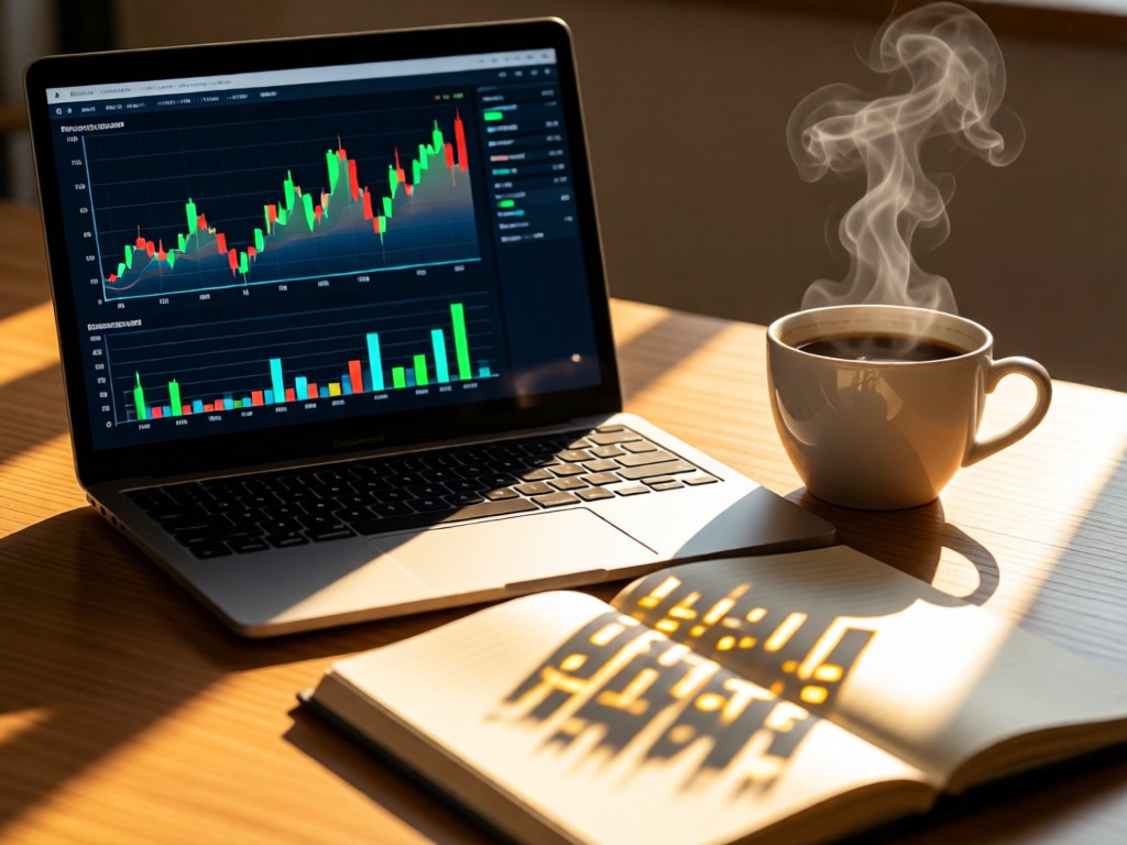 A laptop screen showing sales graphs beside a steaming coffee cup. Sunlight creates data-shaped shadows on a notebook. No people.